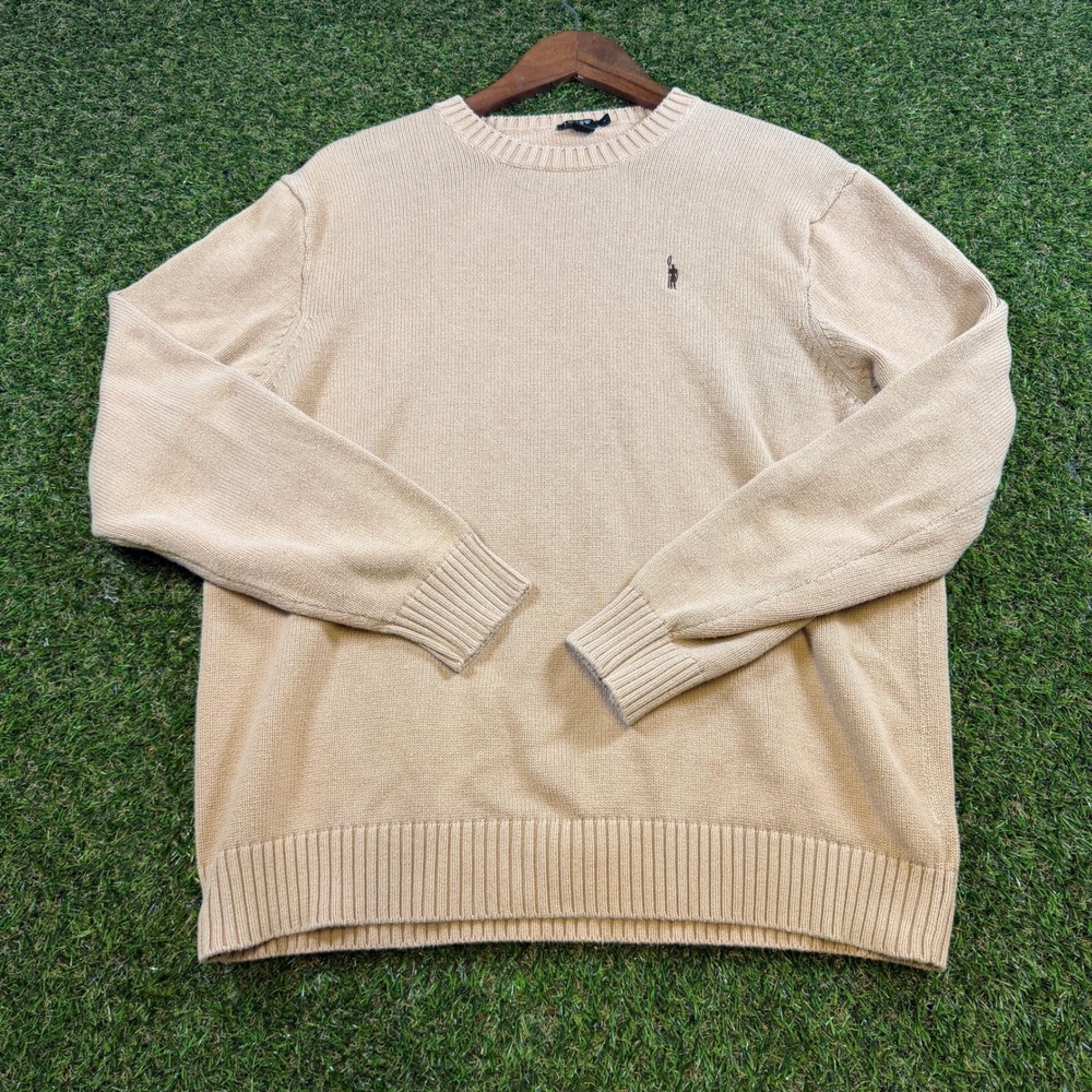 J. Crew Mens Large Tan Beige 100% Cotton Crewneck Sweater Long Sleeve Knit Logo